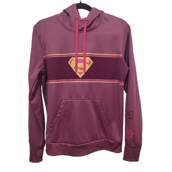 Six Flags Tops - Six Flags Super Girl Hoodie Pink Six Flags Spell Out Thumb Holes Small Pullover